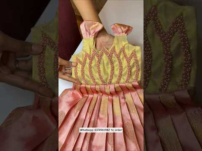 Aradhya Banarasi Soft Silk Pastel Gold & Pink Lotus Aari Work Gown | CPM_0507