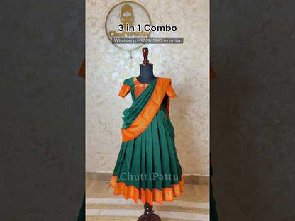 Green & Orange Kalyani Cotton Blouse, Skirt & Half Saree Set | CPM_0522
