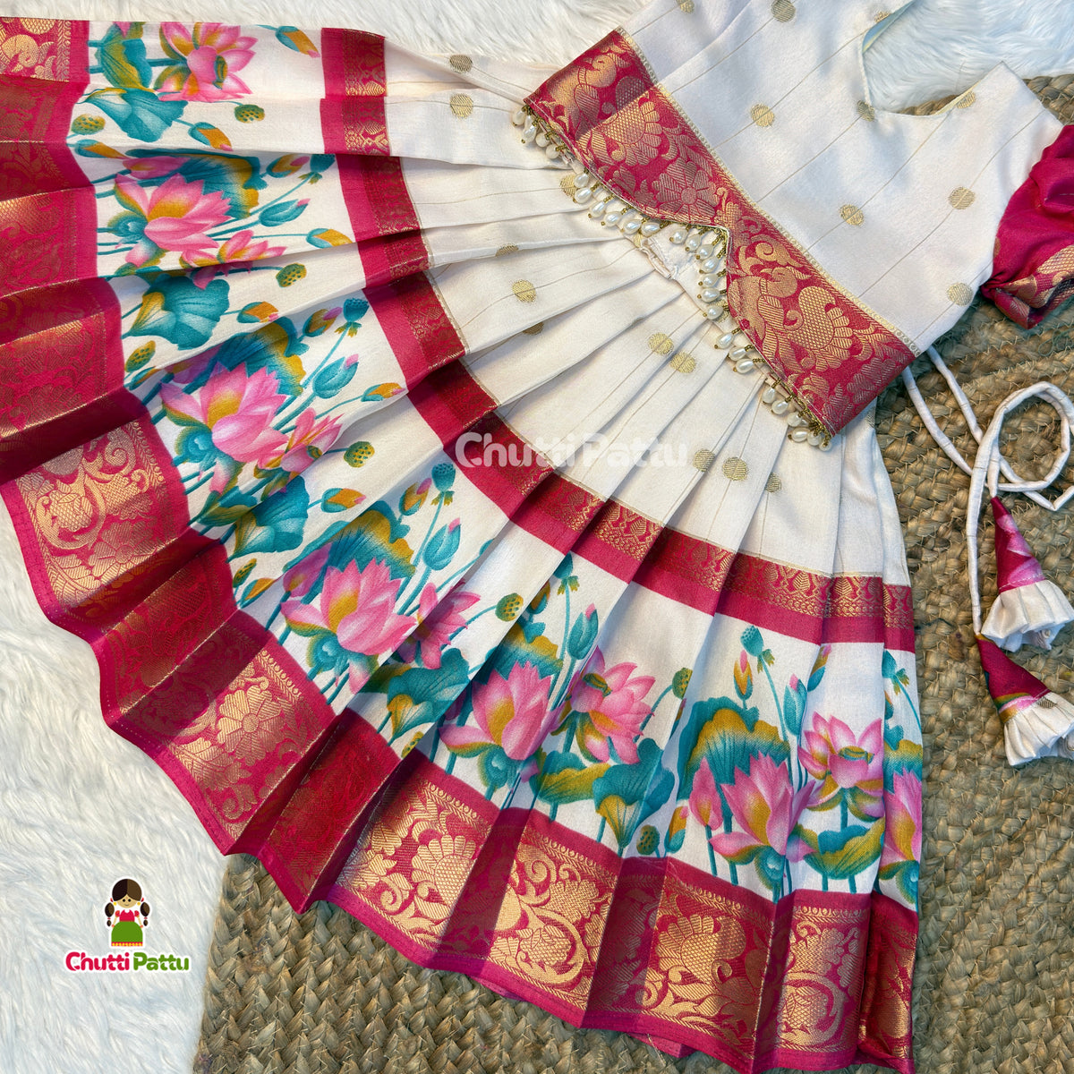 White & Pink Dola Silk Top & Skirt Set | CPM0618