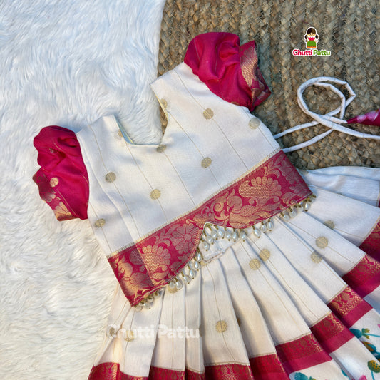 White & Pink Dola Silk Top & Skirt Set | CPM0618