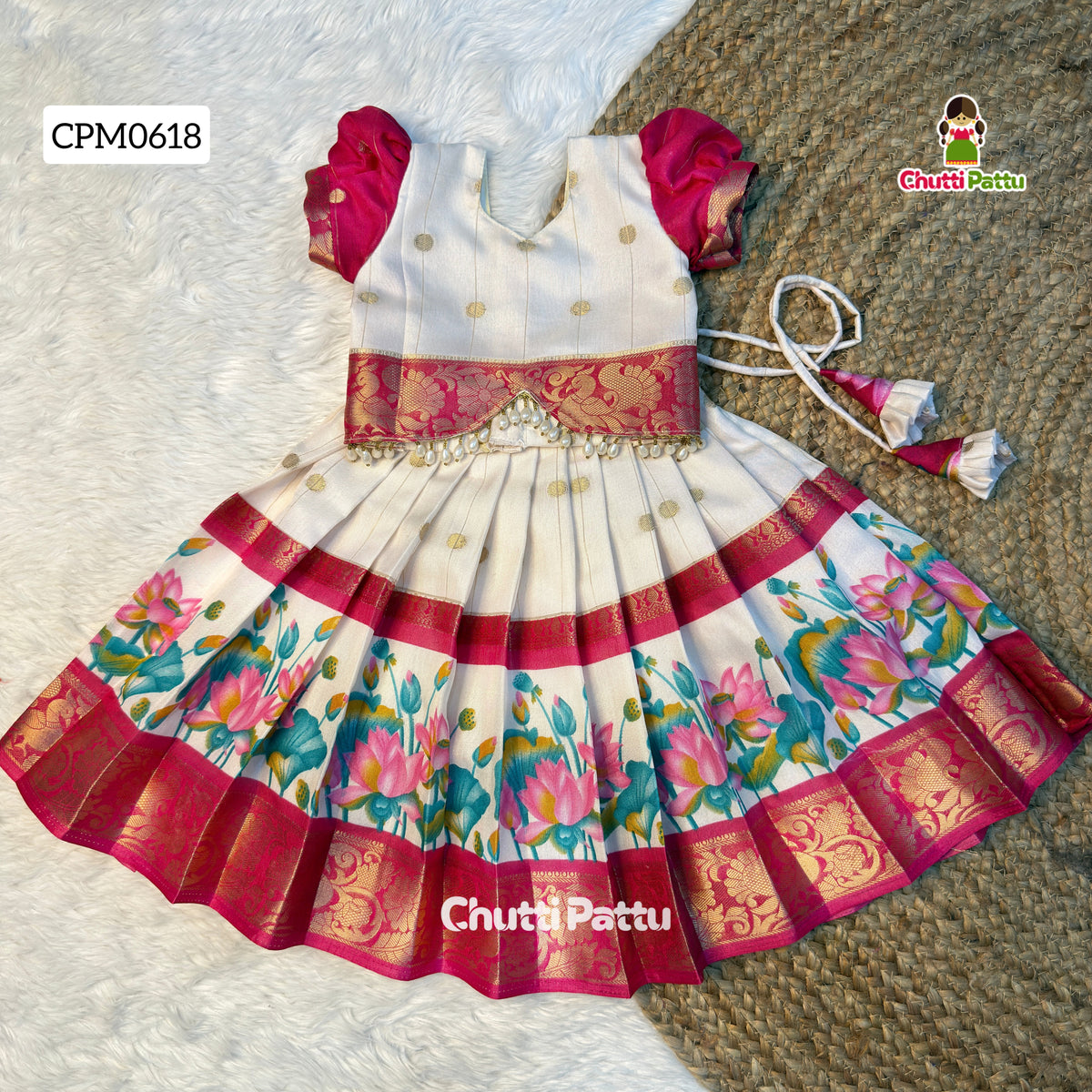 White & Pink Dola Silk Top & Skirt Set | CPM0618