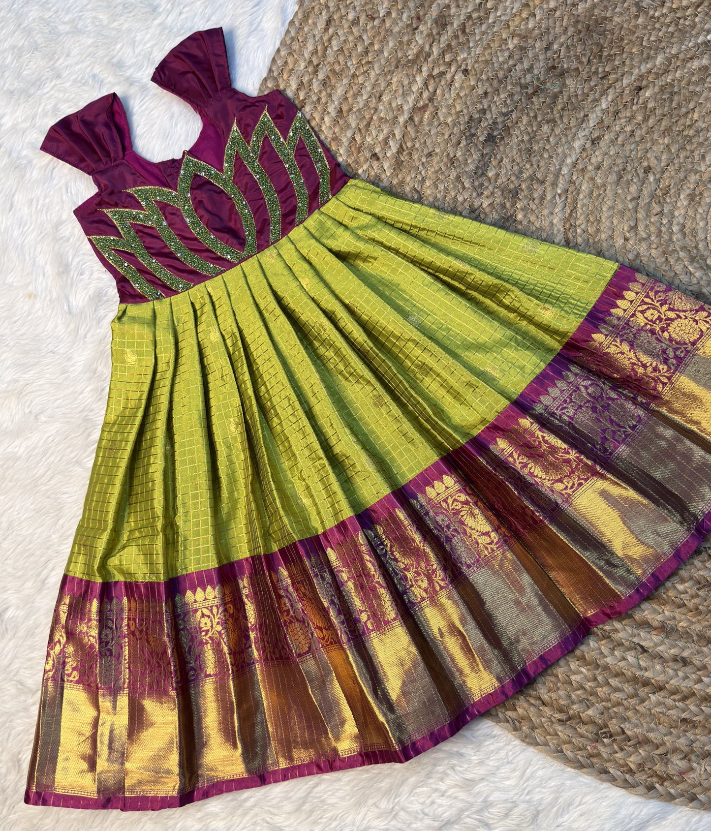 Green & Purple Checked Semi Katan Silk Lotus Aari Work Gown | CPM_0588