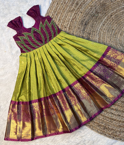 Green & Purple Checked Semi Katan Silk Lotus Aari Work Gown | CPM_0588