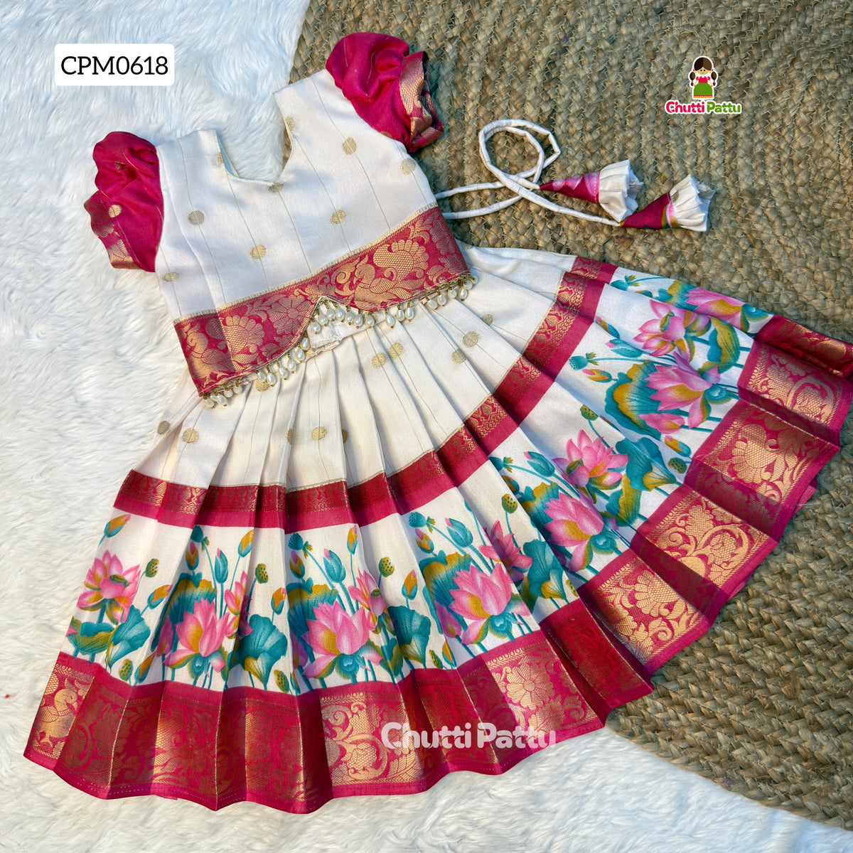 White & Pink Dola Silk Top & Skirt Set | CPM0618