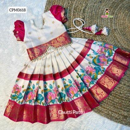 White & Pink Dola Silk Top & Skirt Set | CPM0618